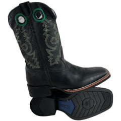 Bota Texana Masculina Sheriff West Preto Cano Preto Bordado Verde