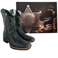 Bota Texana Masculina Sheriff West Preto Cano Preto Bordado Verde