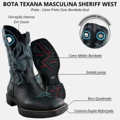Bota Texana Masculina Sheriff West Preto Cano Preto Com Bordado Azul Solado Jump