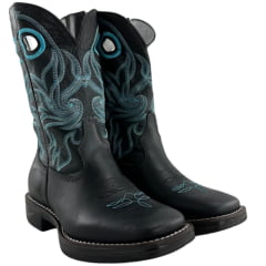 Bota Texana Masculina Sheriff West Preto Cano Preto Com Bordado Azul Solado Jump