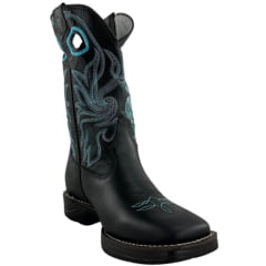 Bota Texana Masculina Sheriff West Preto Cano Preto Com Bordado Azul Solado Jump