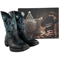 Bota Texana Masculina Sheriff West Preto Cano Preto Com Bordado Azul Solado Jump