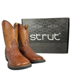 Bota Texana Masculina Strut Bico Quadrado Couro Avestruz Cheio Cano Bordado Em Laranja E Verde Ref:Bt-ST-001NEW