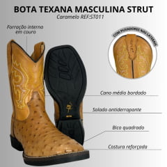 Bota Texana Masculina Strut Couro Avestruz Cheio Chestn Caramelo Claro Com Bordado Branco Amarelo Ref: St011 New