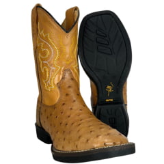 Bota Texana Masculina Strut Couro Avestruz Cheio Chestn Caramelo Claro Com Bordado Branco Amarelo Ref: St011 New
