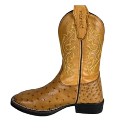 Bota Texana Masculina Strut Couro Avestruz Cheio Chestn Caramelo Claro Com Bordado Branco Amarelo Ref: St011 New