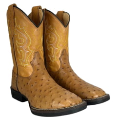 Bota Texana Masculina Strut Couro Avestruz Cheio Chestn Caramelo Claro Com Bordado Branco Amarelo Ref: St011 New