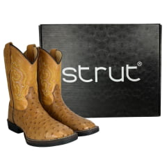 Bota Texana Masculina Strut Couro Avestruz Cheio Chestn Caramelo Claro Com Bordado Branco Amarelo Ref: St011 New
