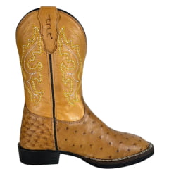 Bota Texana Masculina Strut Couro Avestruz Cheio Chestn Caramelo Claro Com Bordado Branco Amarelo Ref: St011 New