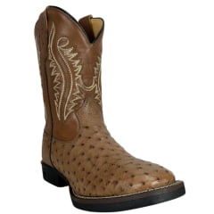 Bota Texana Masculina Strut Couro Avestruz Cheio Tabaco Bico Quadrado Cano Bordado Creme Ref:ST011 NEW