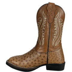 Bota Texana Masculina Strut Couro Avestruz Cheio Tabaco Bico Quadrado Cano Bordado Creme Ref:ST011 NEW