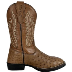 Bota Texana Masculina Strut Couro Avestruz Cheio Tabaco Bico Quadrado Cano Bordado Creme Ref:ST011 NEW