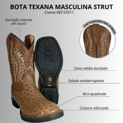 Bota Texana Masculina Strut Couro Avestruz Cheio Tabaco Bico Quadrado Cano Bordado Creme Ref:ST011 NEW