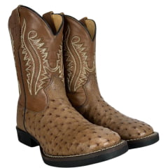 Bota Texana Masculina Strut Couro Avestruz Cheio Tabaco Bico Quadrado Cano Bordado Creme Ref:ST011 NEW