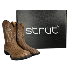 Bota Texana Masculina Strut Couro Avestruz Cheio Tabaco Bico Quadrado Cano Bordado Creme Ref:ST011 NEW
