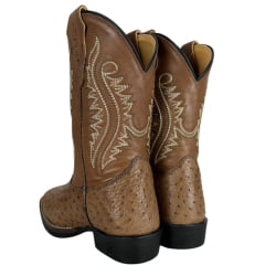 Bota Texana Masculina Strut Couro Avestruz Cheio Tabaco Bico Quadrado Cano Bordado Creme Ref:ST011 NEW