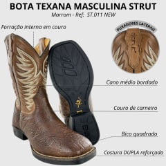 Bota Texana Masculina Strut Couro Carneiro Corrugado Cano Bordado Cru Ref: St.011 New