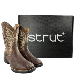 Bota Texana Masculina Strut Couro Carneiro Corrugado Cano Bordado Cru Ref: St.011 New