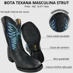 Bota Texana Masculina Strut Couro Carneiro Corrugado Preto Cano Bordado Azul e Branco Ref: St.011 New