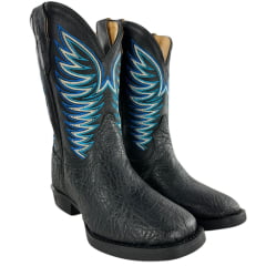 Bota Texana Masculina Strut Couro Carneiro Corrugado Preto Cano Bordado Azul e Branco Ref: St.011 New
