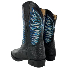 Bota Texana Masculina Strut Couro Carneiro Corrugado Preto Cano Bordado Azul e Branco Ref: St.011 New