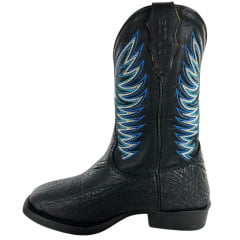 Bota Texana Masculina Strut Couro Carneiro Corrugado Preto Cano Bordado Azul e Branco Ref: St.011 New