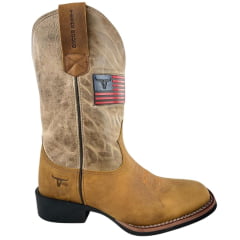 Bota Texana Masculina Texas Rodeo Couro Crazy Mostarda Fóssil Ocre Com Bandeira Ref:TR648 - LQBO