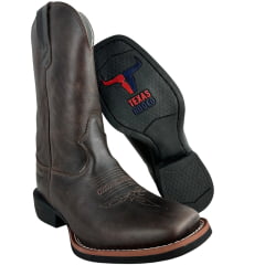 Bota Texana Masculina Texas Rodeo Bico Quadrado Couro Atlanta Café/Moucha Mouse Bordado Florão REF:LQBO