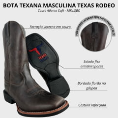 Bota Texana Masculina Texas Rodeo Bico Quadrado Couro Atlanta Café/Moucha Mouse Bordado Florão REF:LQBO