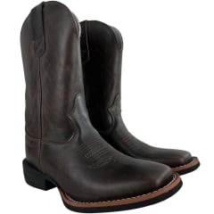Bota Texana Masculina Texas Rodeo Bico Quadrado Couro Atlanta Café/Moucha Mouse Bordado Florão REF:LQBO