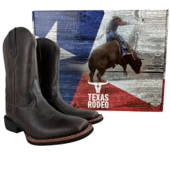 Bota Texana Masculina Texas Rodeo Bico Quadrado Couro Atlanta Café/Moucha Mouse Bordado Florão REF:LQBO