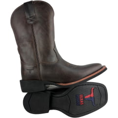 Bota Texana Masculina Texas Rodeo Bico Quadrado Couro Atlanta Café/Moucha Mouse Bordado Florão REF:LQBO