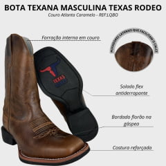 Bota Texana Masculina Texas Rodeo Bico Quadrado Couro Atlanta Caramelo Bordado Florão REF:LQBO