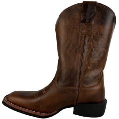 Bota Texana Masculina Texas Rodeo Bico Quadrado Couro Atlanta Caramelo Bordado Florão REF:LQBO