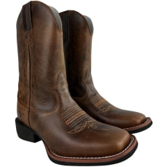 Bota Texana Masculina Texas Rodeo Bico Quadrado Couro Atlanta Caramelo Bordado Florão REF:LQBO