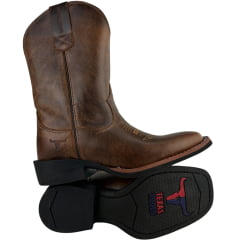 Bota Texana Masculina Texas Rodeo Bico Quadrado Couro Atlanta Caramelo Bordado Florão REF:LQBO