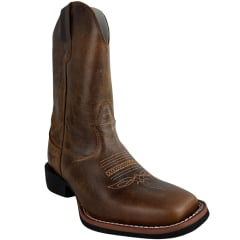 Bota Texana Masculina Texas Rodeo Bico Quadrado Couro Atlanta Caramelo Bordado Florão REF:LQBO