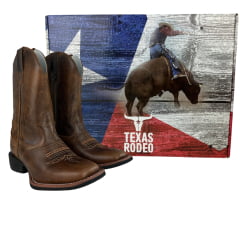 Bota Texana Masculina Texas Rodeo Bico Quadrado Couro Atlanta Caramelo Bordado Florão REF:LQBO