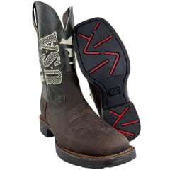 Bota Texana Masculina Texas Rodeo Bico Quadrado Couro Crazy Café Fóssil Verde Bordado USA Jump Preto Ref: TR617 Bota Texana Masculina Texas Rodeo Bico Quadrado Couro Crazy Café Fóssil Verde Bordado USA Jump Preto Ref: TR617