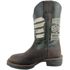 Bota Texana Masculina Texas Rodeo Bico Quadrado Couro Crazy Café Fóssil Verde Bordado USA Jump Preto Ref: TR617