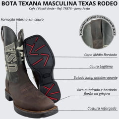 Bota Texana Masculina Texas Rodeo Bico Quadrado Couro Crazy Café Fóssil Verde Bordado USA Jump Preto Ref: TR617