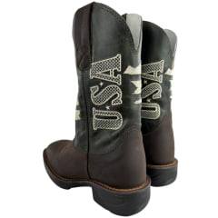 Bota Texana Masculina Texas Rodeo Bico Quadrado Couro Crazy Café Fóssil Verde Bordado USA Jump Preto Ref: TR617