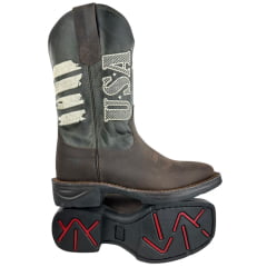 Bota Texana Masculina Texas Rodeo Bico Quadrado Couro Crazy Café Fóssil Verde Bordado USA Jump Preto Ref: TR617
