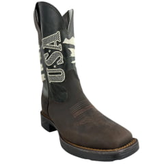 Bota Texana Masculina Texas Rodeo Bico Quadrado Couro Crazy Café Fóssil Verde Bordado USA Jump Preto Ref: TR617