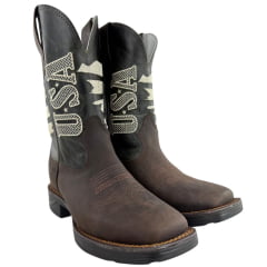 Bota Texana Masculina Texas Rodeo Bico Quadrado Couro Crazy Café Fóssil Verde Bordado USA Jump Preto Ref: TR617