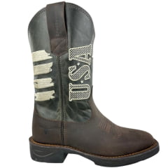 Bota Texana Masculina Texas Rodeo Bico Quadrado Couro Crazy Café Fóssil Verde Bordado USA Jump Preto Ref: TR617