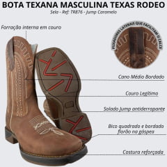 Bota Texana Masculina Texas Rodeo Bico Quadrado Couro Crazy Sela Bordado Jump Caramelo Ref: TR876