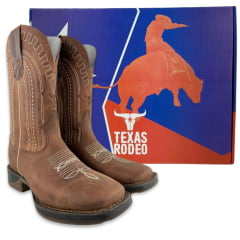 Bota Texana Masculina Texas Rodeo Bico Quadrado Couro Crazy Sela Bordado Jump Caramelo Ref: TR876
