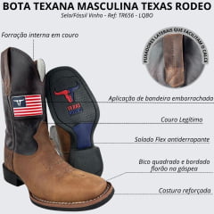 Bota Texana Masculina Texas Rodeo Bico Quadrado Couro Crazy Sela Fóssil Vinho Com Bandeira Ref: TR656 - LQBO