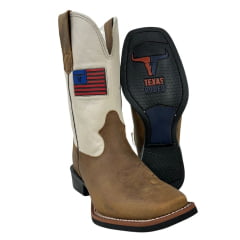 Bota Texana Masculina Texas Rodeo Bico Quadrado Couro Crazy Tabaco Cano Marfim Ref.TR649-LQBO